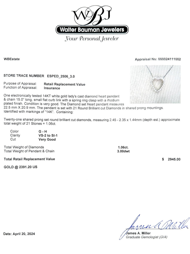 Estate 14K W Gold 1.06ctw G-H/VS2-SI1 Diamond Heart Pendant - Walter Bauman Jewelers