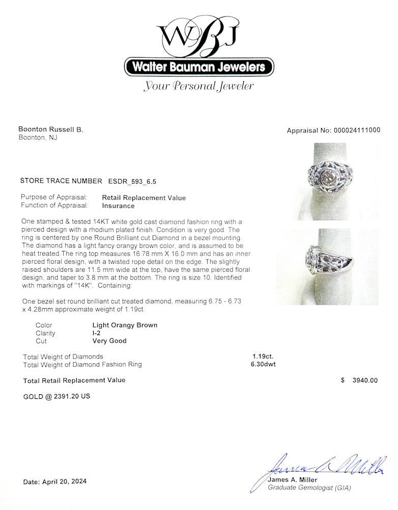 Estate 14K W Gold 1.19ct Fancy Light Brown/I2 Diamond Ring - Walter Bauman Jewelers