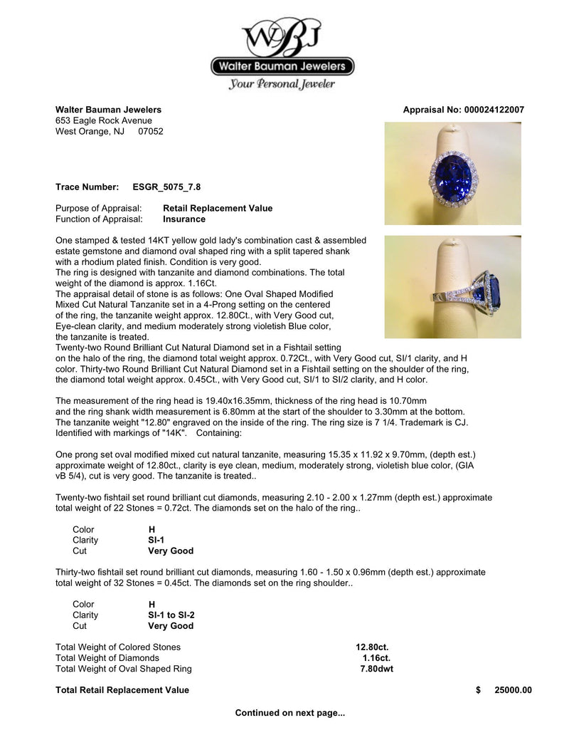 Estate 14K W Gold 12.80ct Tanzanite & 1.16ctw H/SI1-2 Diamond Cocktail Ring - Walter Bauman Jewelers