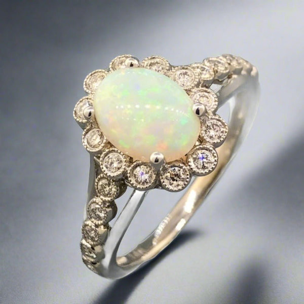 Estate 14K W Gold 1.38ct Oval Opal & 0.25ctw Diamond Ring - Walter Bauman Jewelers