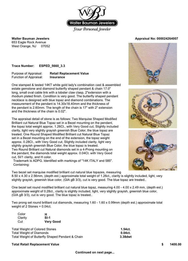 Estate 14K W Gold 1.54ctw Topaz & 0.04ctw H/SI1 Diamond Butterfly Necklace - Walter Bauman Jewelers