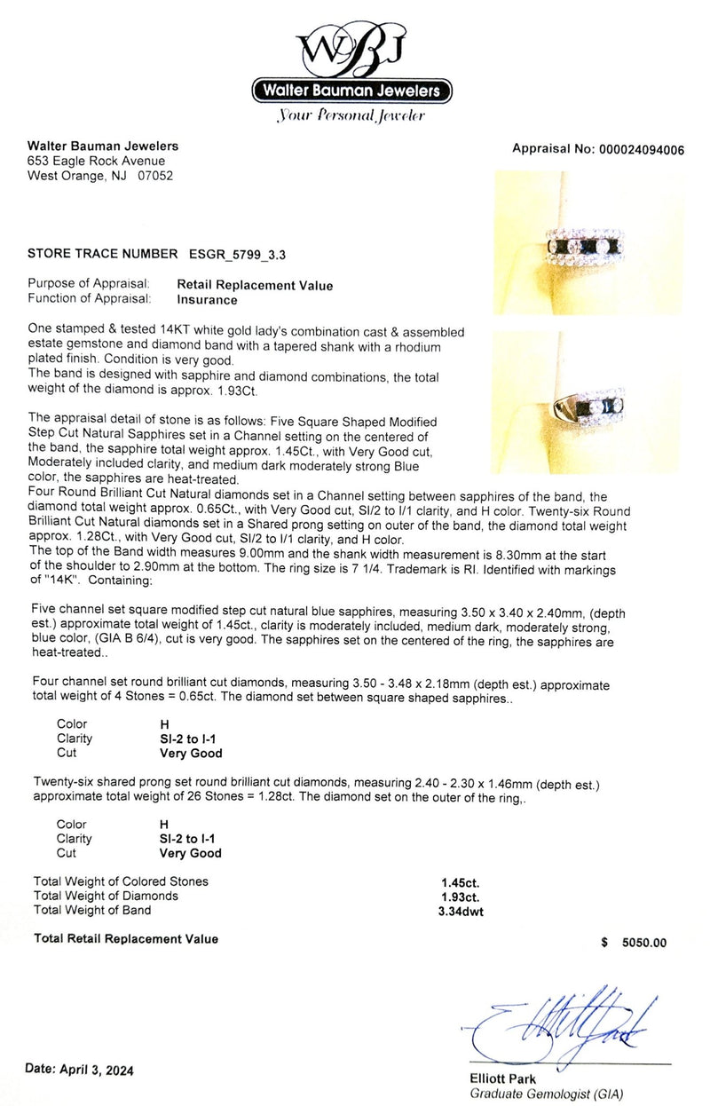Estate 14K W Gold 1.93ctw H/SI2-I1 Diamond & 1.45ctw Sapphire Ring - Walter Bauman Jewelers
