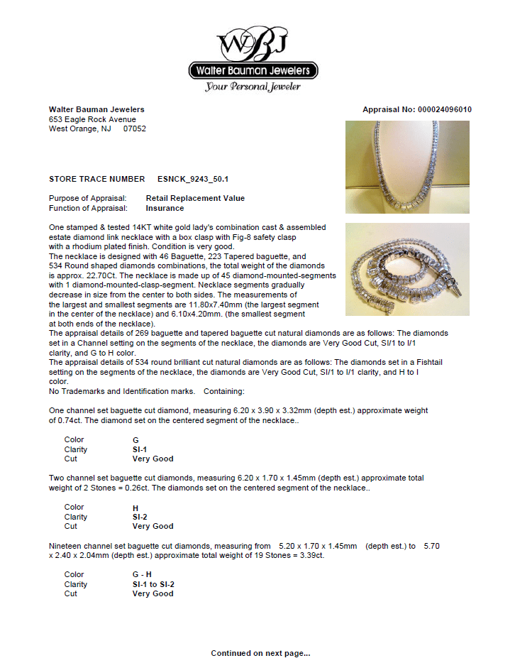 Estate 14K W Gold 22.70ctw G-I/SI1-I1 Diamond Riviere Necklace - Walter Bauman Jewelers
