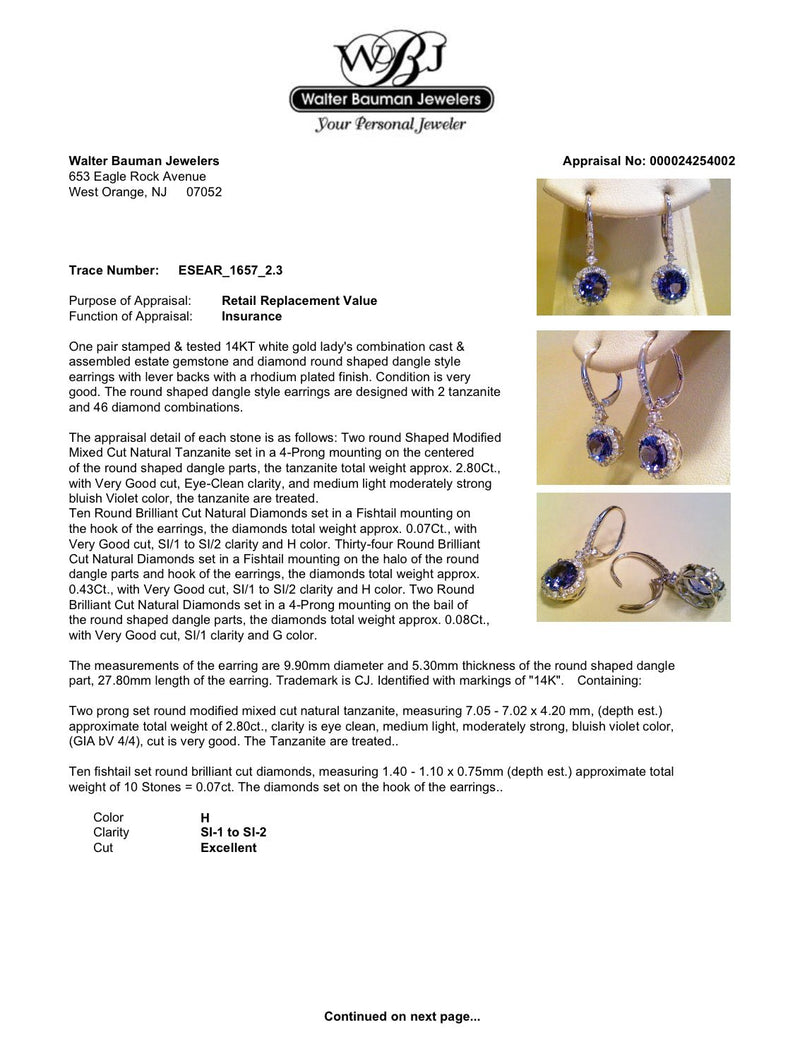 Estate 14K W Gold 2.80ctw Tanzanite & 0.58ctw G - H/SI1 - 2 Diamond Earrings - Walter Bauman Jewelers