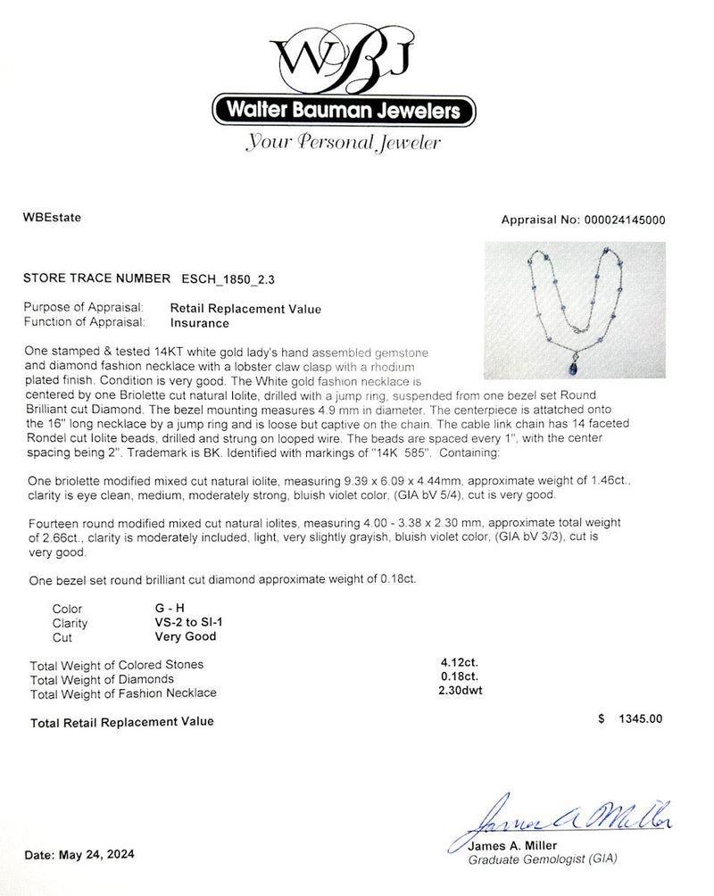 Estate 14K W Gold 4.12ctw Iolite & 0.18ct G - H/VS2 - SI1 Diamond Necklace - Walter Bauman Jewelers