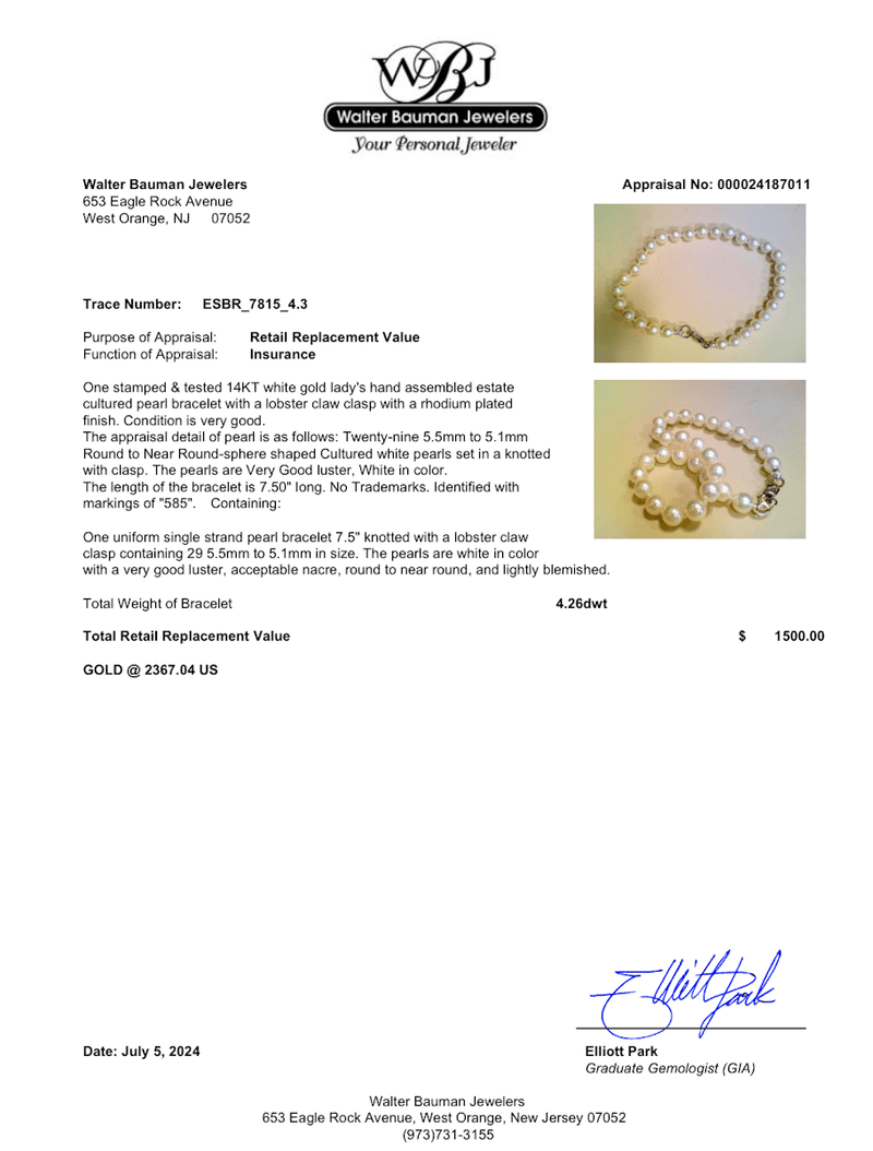 Estate 14K W Gold 5 - 5.5mm Pearl Bracelet - Walter Bauman Jewelers