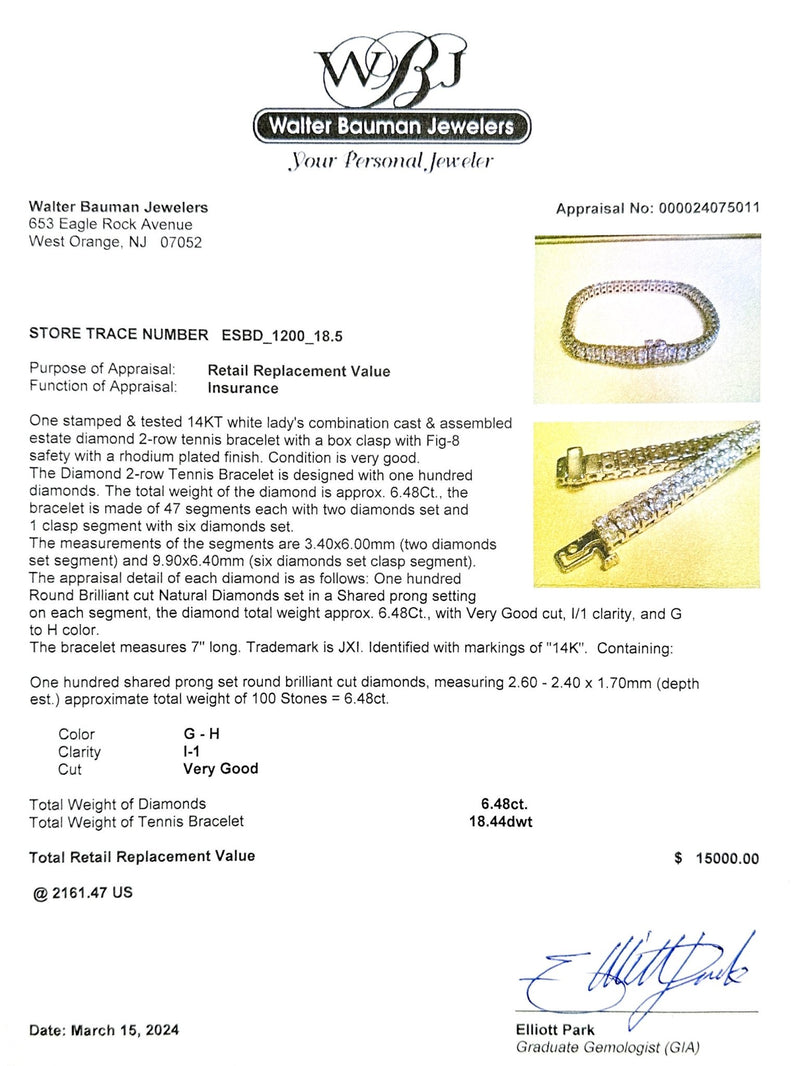 Estate 14K W Gold 6.48ctw G-H/SI1 Diamond Double Row Tennis Bracelet - Walter Bauman Jewelers