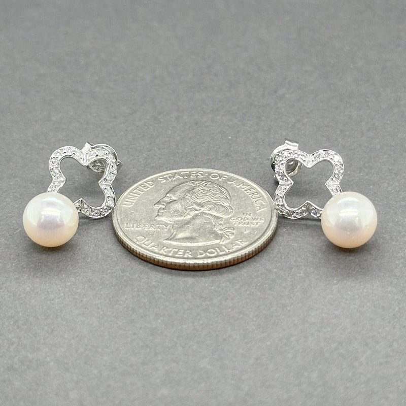 Estate 14K W Gold Akoya Pearl & 0.13ctw H/SI2 - I1 Diamond Clover Earrings - Walter Bauman Jewelers