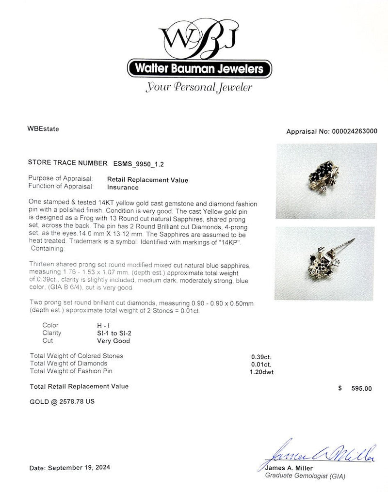 Estate 14K Y Gold 0.39ctw Sapphire & 0.01ctw H - I/SI1 - 2 Diamond Frog Pin - Walter Bauman Jewelers