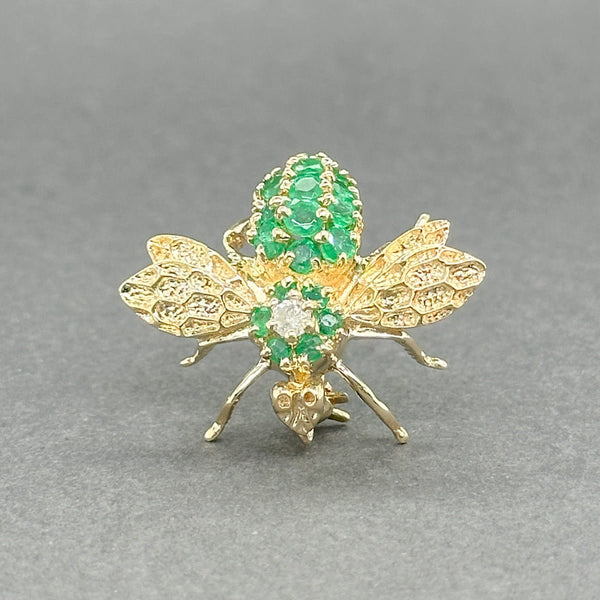 Estate 14K Y Gold 0.57ctw Emerald & 0.08ct I - J/I1 Diamond Bee Pin - Walter Bauman Jewelers