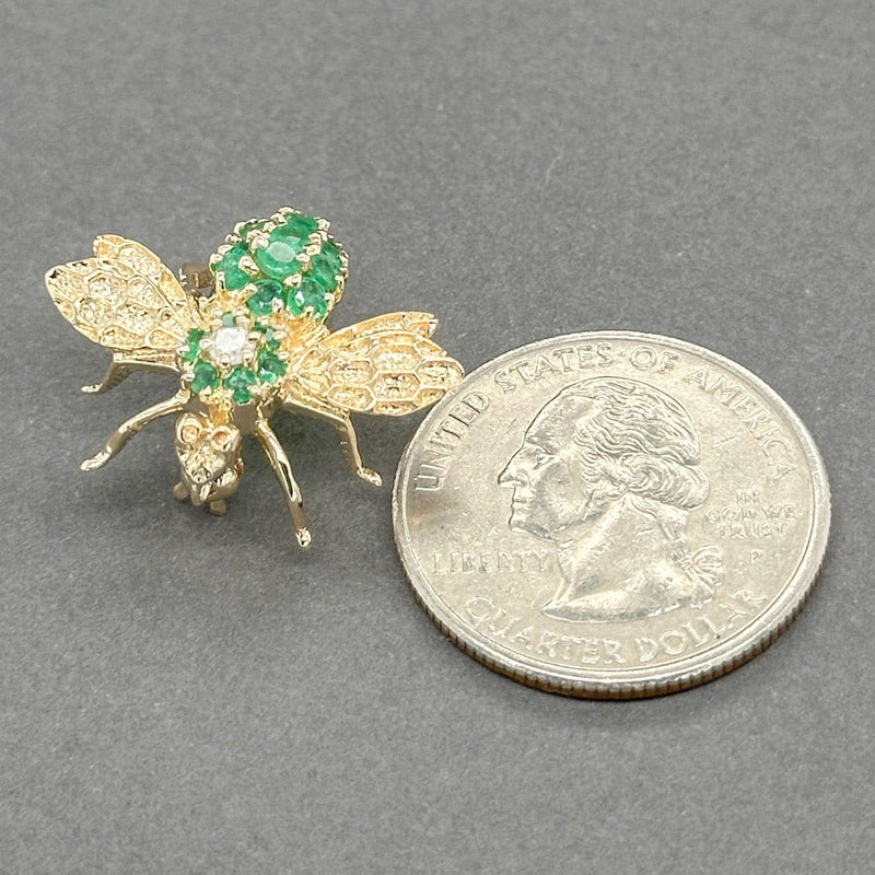 Estate 14K Y Gold 0.57ctw Emerald & 0.08ct I - J/I1 Diamond Bee Pin - Walter Bauman Jewelers