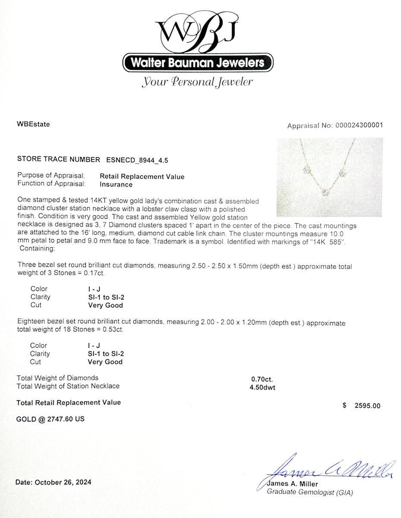 Estate 14K Y Gold 0.70ctw I - J/SI1 - 2 Diamond Flower Necklace - Walter Bauman Jewelers