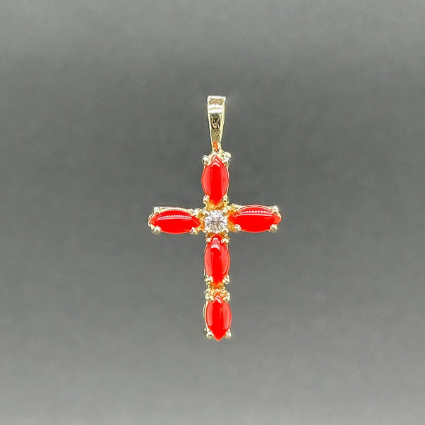 Estate 14K Y Gold 0.90ctw Coral & 0.06ct G/SI1 Diamond Cross Pendant - Walter Bauman Jewelers