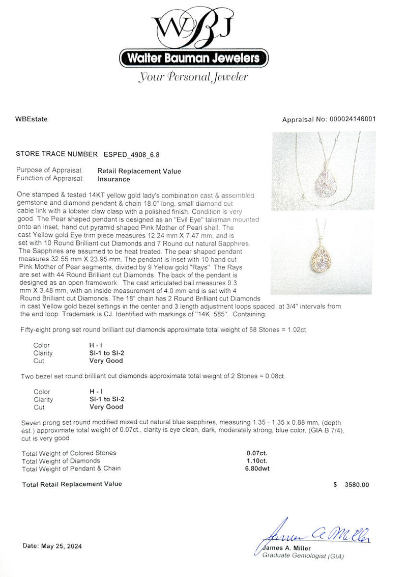 Estate 14K Y Gold 1.10ctw H - I/SI1 - 2 Diamond, 0.07ctw Sapphire, & MOP Evil Eye Pendant - Walter Bauman Jewelers