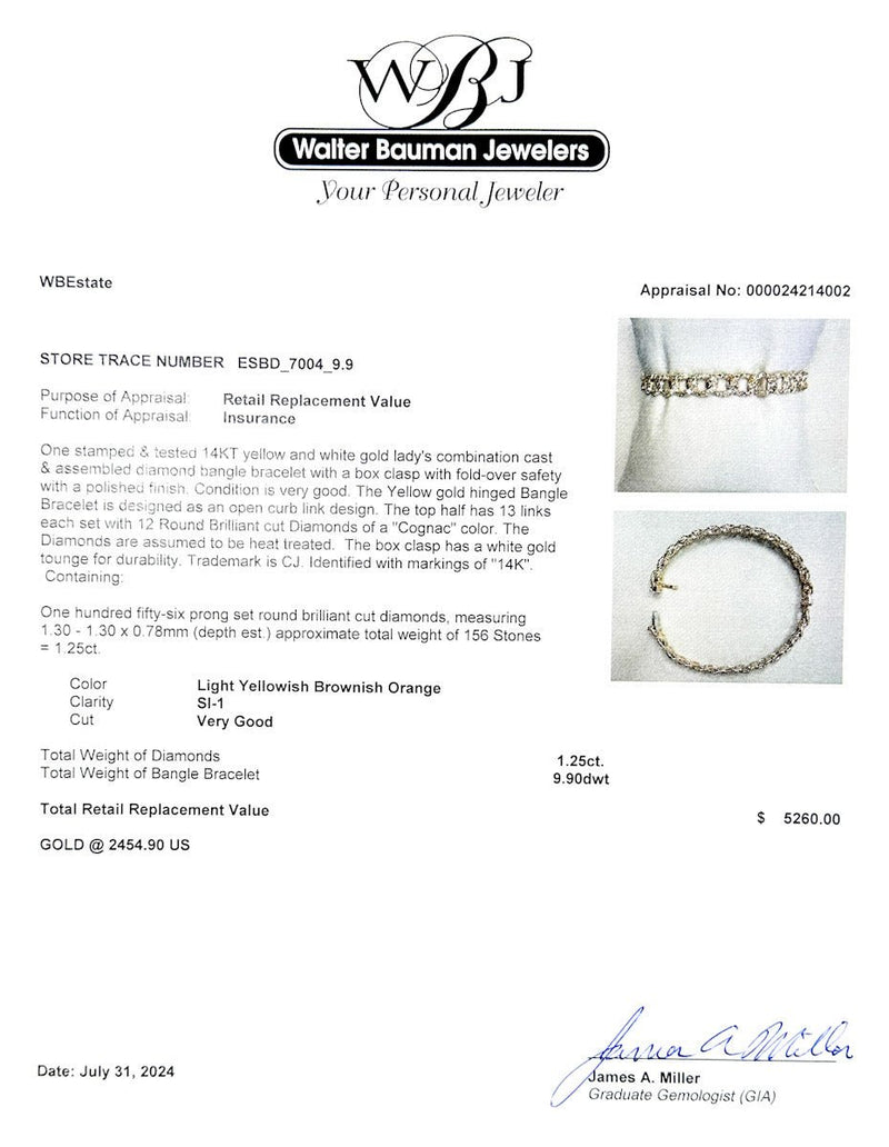 Estate 14K Y Gold 1.25ctw Cognac/SI1 Diamond Curb Chain Bangle Bracelet - Walter Bauman Jewelers