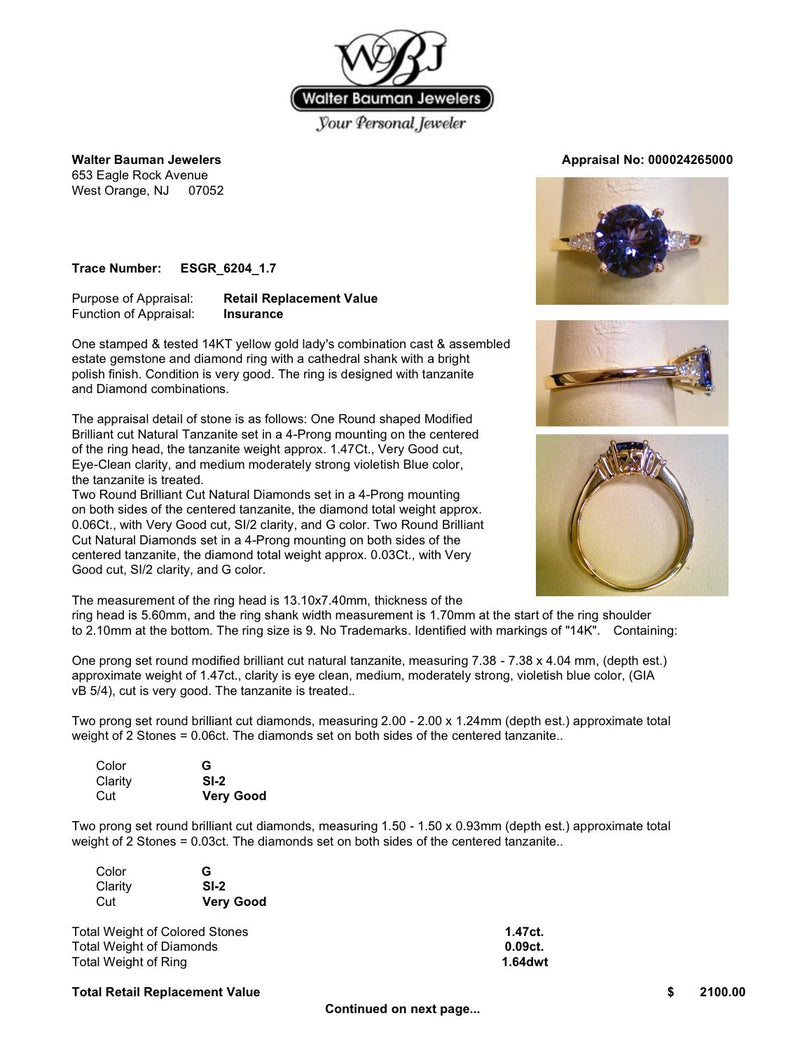 Estate 14K Y Gold 1.47ct Tanzanite & 0.09ctw G/SI2 Diamond Ring - Walter Bauman Jewelers