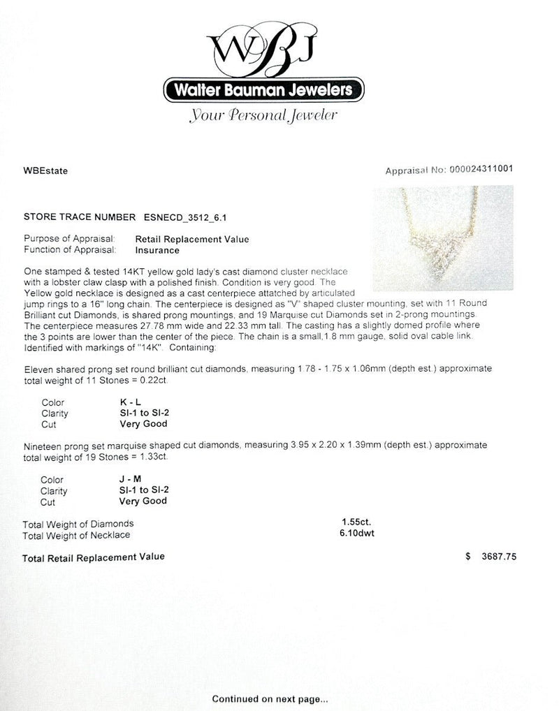 Estate 14K Y Gold 1.55ctw J - M/SI1 - 2 Diamond V Necklace - Walter Bauman Jewelers