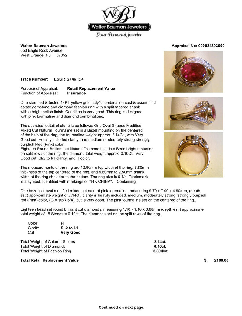 Estate 14K Y Gold 2.14ct Tourmaline & 0.10ctw H/SI2 - I1 Diamond Ring - Walter Bauman Jewelers