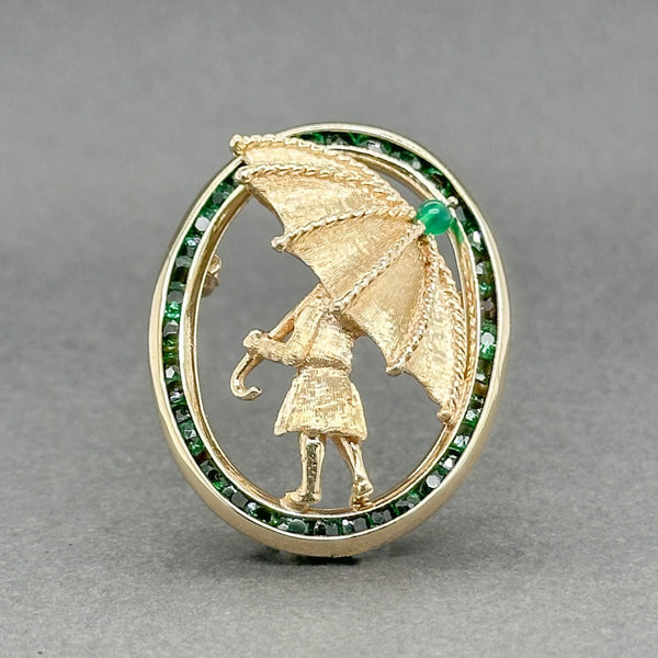 Estate 14K Y Gold 2.57ctw Garnet & Chrysoprase Girl w. Umbrella Pin - Walter Bauman Jewelers