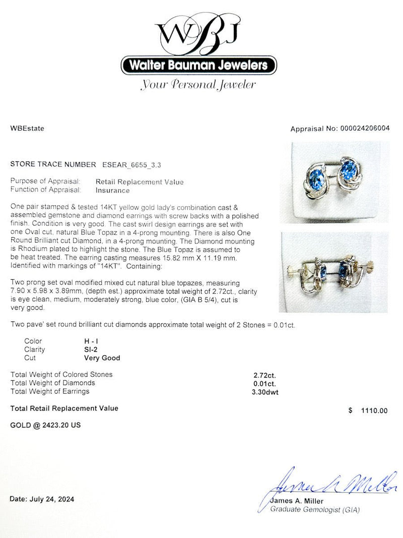 Estate 14K Y Gold 2.72ctw Blue Topaz & 0.01ctw H - I/SI2 Diamond Earrings - Walter Bauman Jewelers