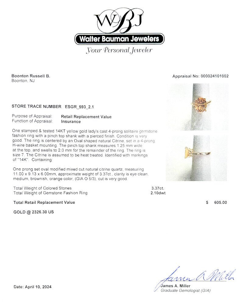 Estate 14K Y Gold 3.37ct Citrine Cocktail Ring - Walter Bauman Jewelers
