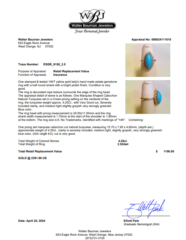 Estate 14K Y Gold 4.25ct Turquoise Navette Ring - Walter Bauman Jewelers