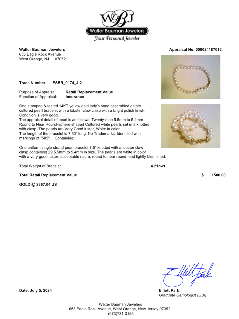 Estate 14K Y Gold 5.4 - 5.5mm Pearl Bracelet a - Walter Bauman Jewelers