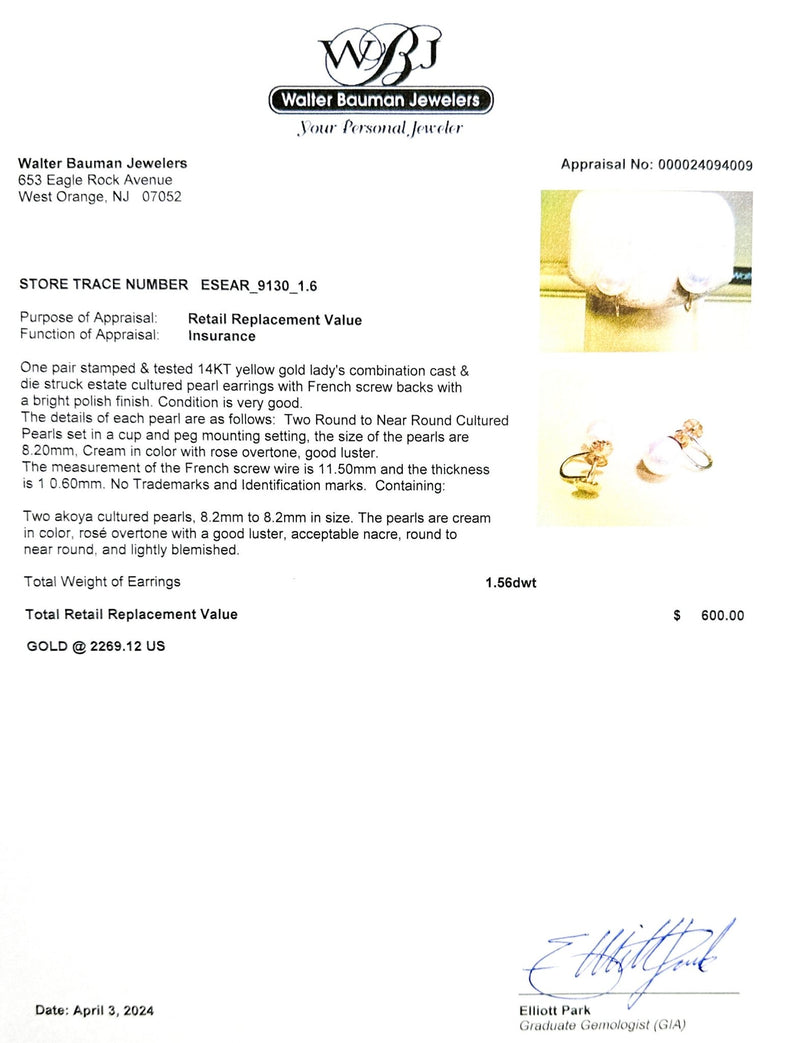 Estate 14K Y Gold 8.2mm Akoya Pearl Non Pierced Earrings - Walter Bauman Jewelers