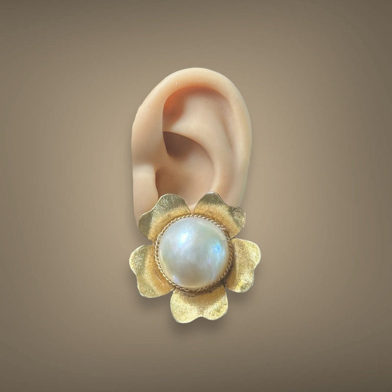 Estate 14K Y Gold Mabe Pearl Flower Clip On Earrings - Walter Bauman Jewelers