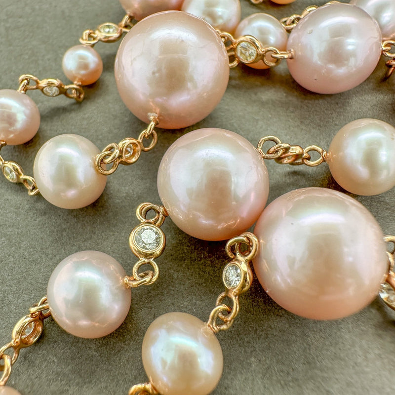 Estate 18K R Gold Pink Akoya & South Sea Pearl & 2.14ctw Fancy Yellow/SI1-2 Diamond Necklace - Walter Bauman Jewelers