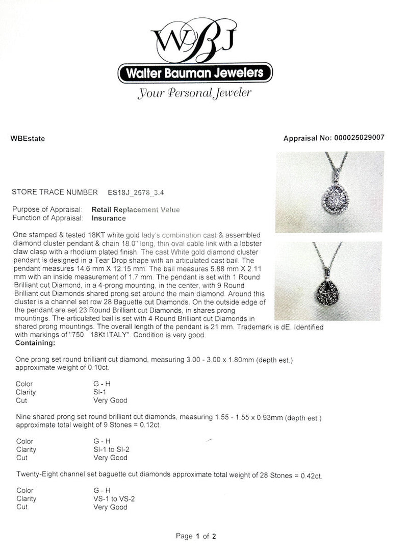 Estate 18K W Gold 0.80ctw G - H/VS1 - SI2 Diamond Cluster Pendant - Walter Bauman Jewelers