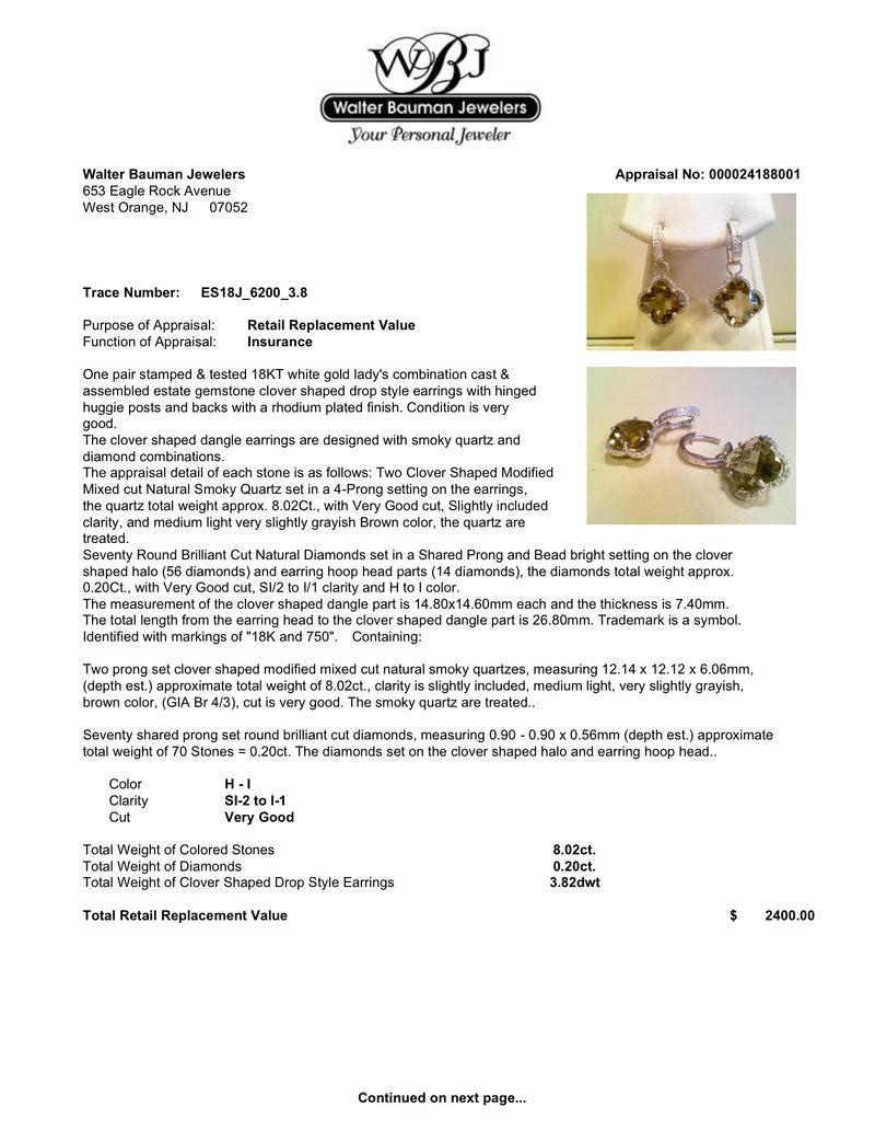 Estate 18K W Gold 8.02ctw Smoky Quartz & 0.20ctw H - I/SI2 - I1 Diamond Dangle Earrings - Walter Bauman Jewelers