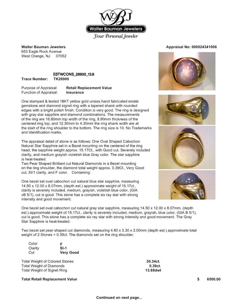 Estate 18K Y Gold 15.17ct Star Sapphire & 0.39ctw F/SI1 Diamond Ring - Walter Bauman Jewelers