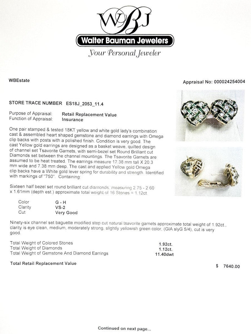 Estate 18K Y Gold 1.92ctw Garnet & 1.12ctw G - H/VS2 Diamond Heart Earrings - Walter Bauman Jewelers