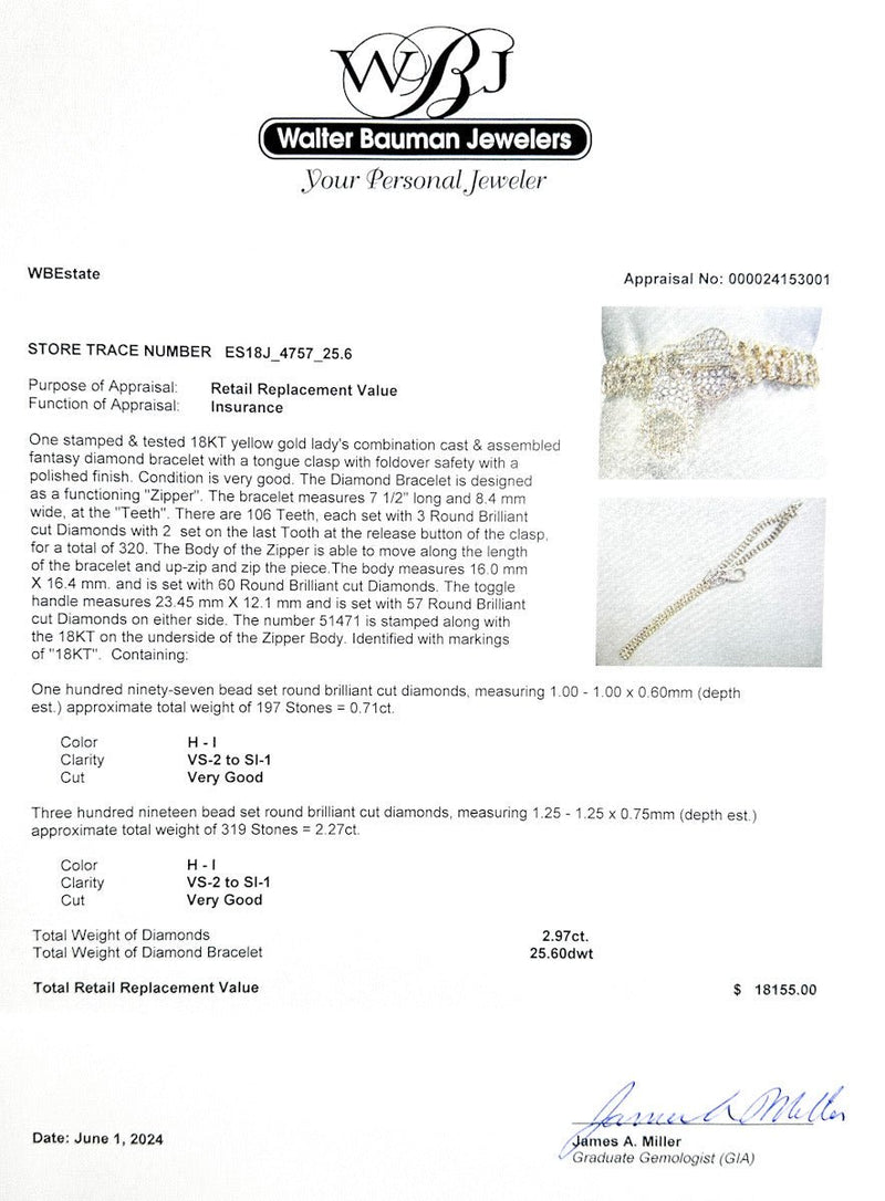 Estate 18K Y Gold 2.97ctw H - I/VS2 - SI1 Diamond Zipper Bracelet - Walter Bauman Jewelers