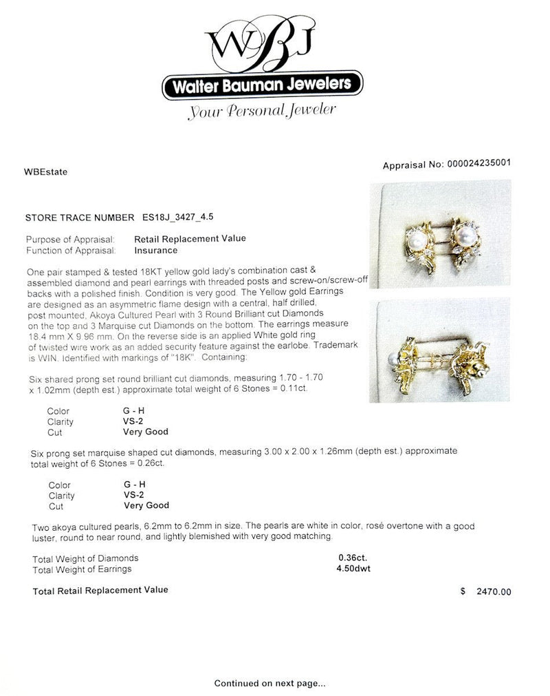 Estate 18K Y Gold Akoya Pearl & 0.36ctw G - H/VS2 Diamond Screwback Earrings - Walter Bauman Jewelers