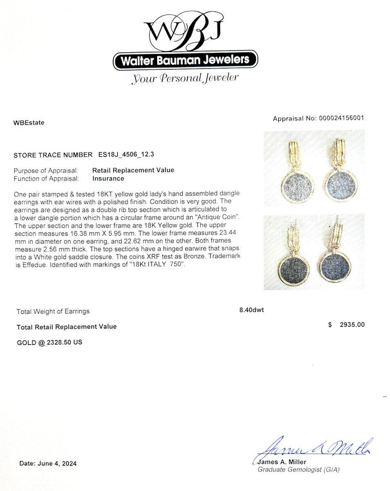 Estate 18K Y Gold Ancient Roman Coin Earrings - Walter Bauman Jewelers