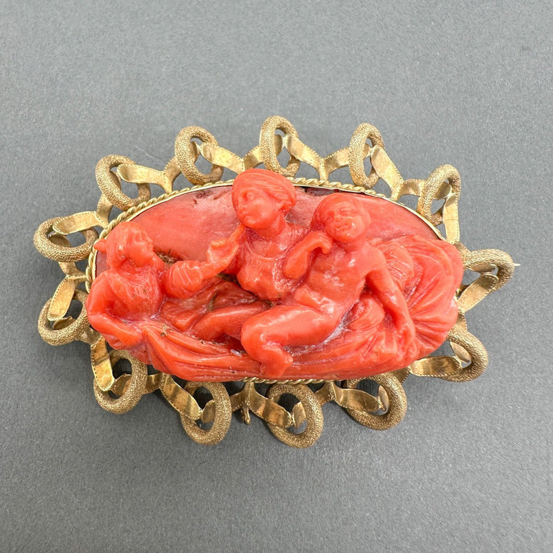 Estate 18K Y Gold Victorian 69.02ct Coral Adoration of Mary Brooch - Walter Bauman Jewelers