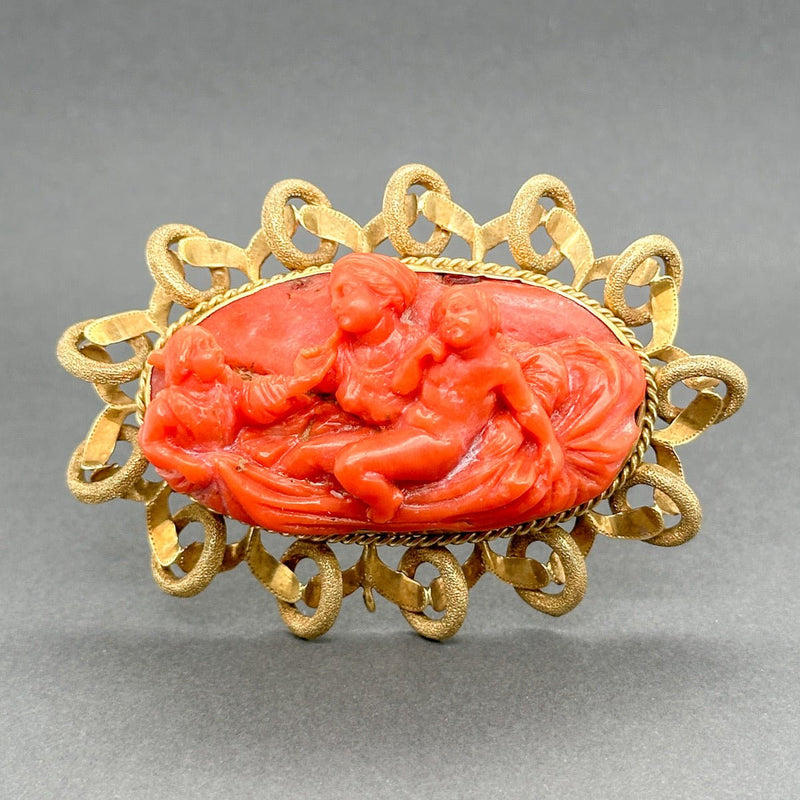 Estate 18K Y Gold Victorian 69.02ct Coral Adoration of Mary Brooch - Walter Bauman Jewelers