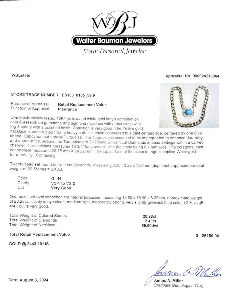 Estate 18K Yellow Gold 20.28ct Turquoise & 2.40ctw G - H/VS1 - 2 Diamond Necklace - Walter Bauman Jewelers