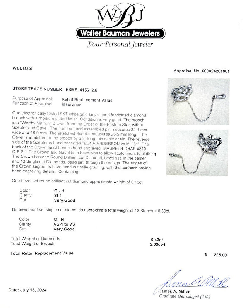 Estate 9K W Gold 0.43ctw G - H/VS1 - SI1 Diamond Order of the Eastern Star Crown Pin - Walter Bauman Jewelers