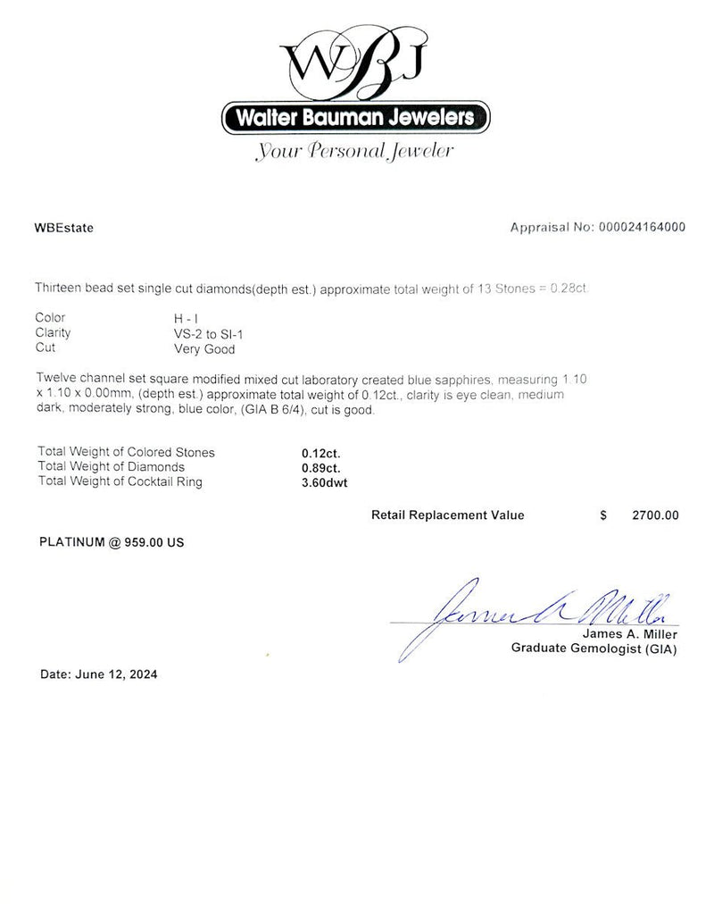 Estate Art Deco Platinum 0.89ctw H - J/VS2 - SI2 & 0.12ctw Lab Sapphire Ring - Walter Bauman Jewelers