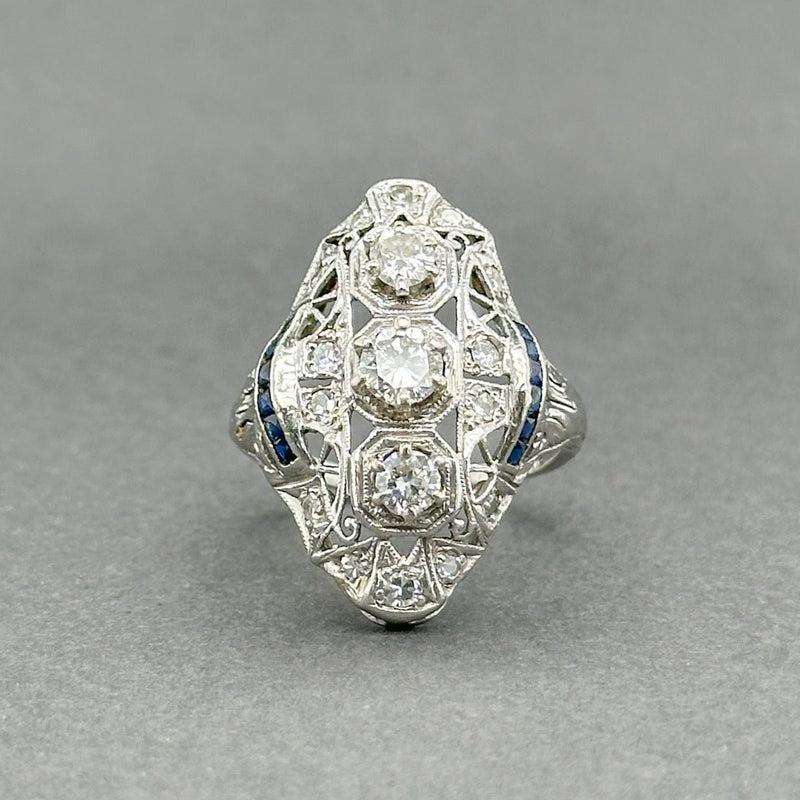 Estate Art Deco Platinum 0.89ctw H - J/VS2 - SI2 & 0.12ctw Lab Sapphire Ring - Walter Bauman Jewelers