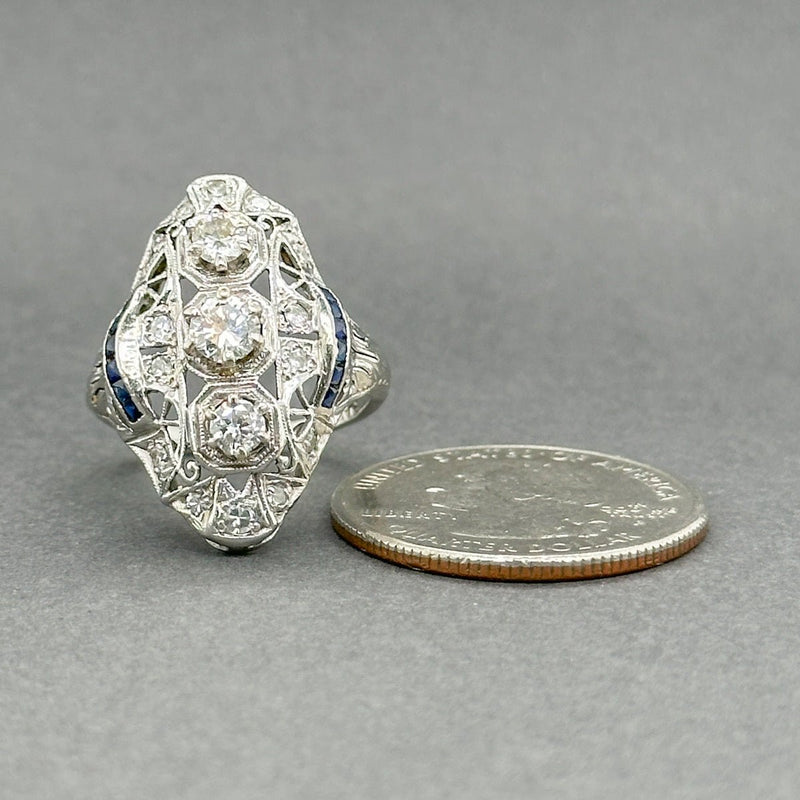 Estate Art Deco Platinum 0.89ctw H - J/VS2 - SI2 & 0.12ctw Lab Sapphire Ring - Walter Bauman Jewelers