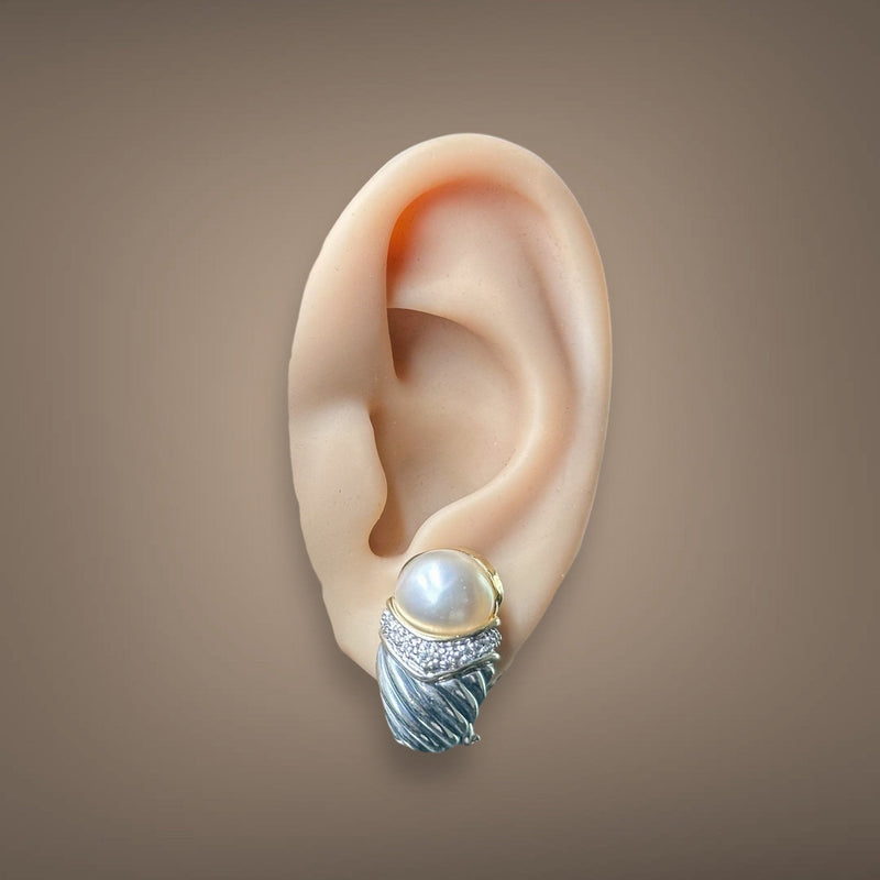 Estate David Yurman SS Two Tone Capri Pearl & Diamond Earrings - Walter Bauman Jewelers
