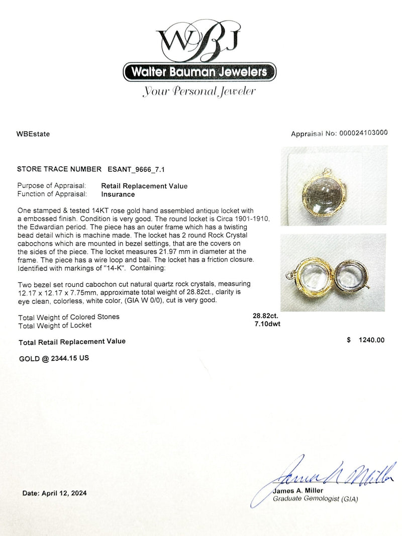 Estate Edwardian 14K R Gold 28.82ctw Rock Crystal Locket Pendant - Walter Bauman Jewelers