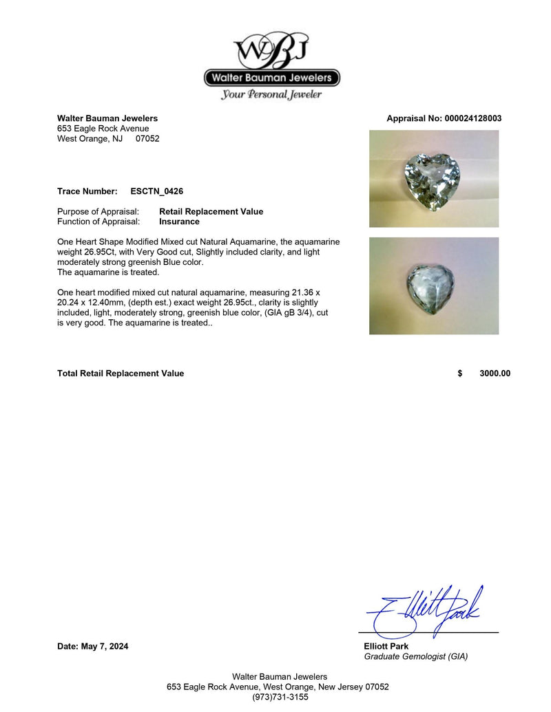 Estate Heart Cut Aquamarine 26.94ct - Walter Bauman Jewelers