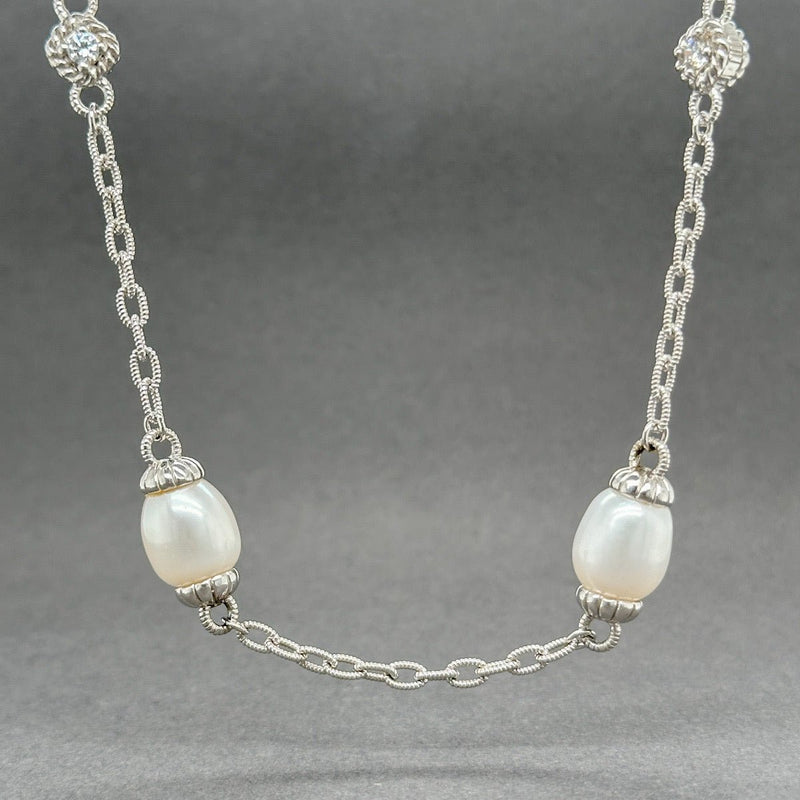 Estate Judith Ripka SS Faux Pearl & CZ Station Necklace - Walter Bauman Jewelers