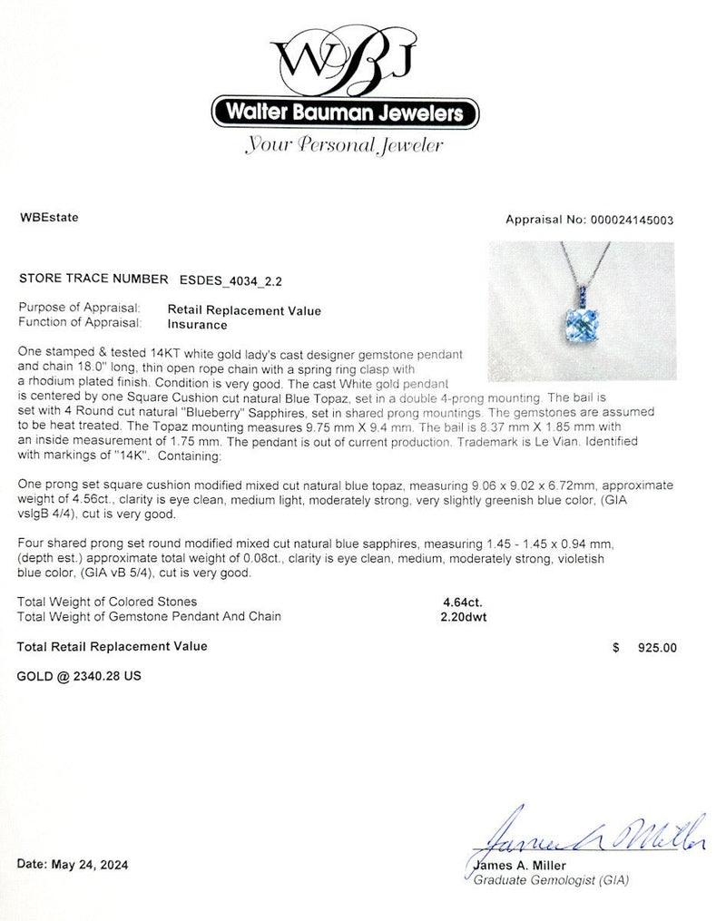 Estate Levian 14K W Gold 4.56ct Blue Topaz & 0.08ctw Sapphire Pendant - Walter Bauman Jewelers