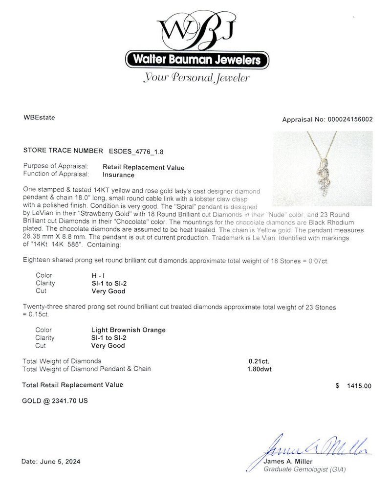 Estate Levian 14K Y Gold 0.21ctw Brown & H - I/SI1 - 2 Diamond Spiral Pendant - Walter Bauman Jewelers